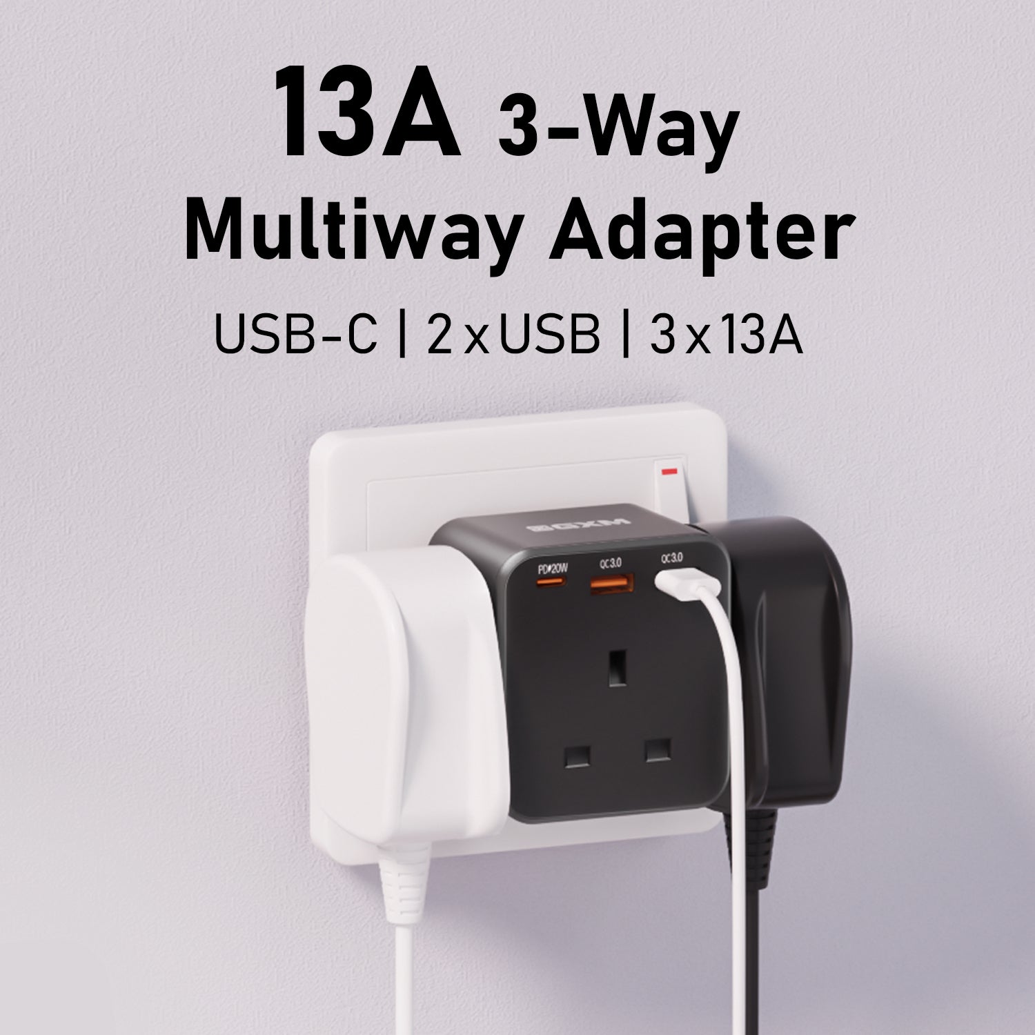 GXM 20W 13A 3-Way Multiway Adapter Wall Charger with 3 USB Ports Type-C USB For iPhone 14 13 12 Pro Max iPad Samsung MA-3W3U Safety Mark