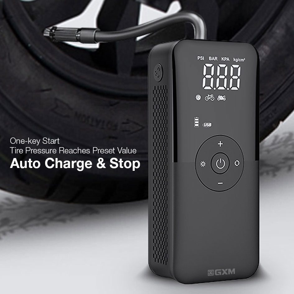 GXM AP-01 Cordless Smart Tire Inflator Auto Stop Tire Pressure Monitoring Fast Inflation LED Lighting SOS Mode Power Bank 4000mAh Capacity Air Pump