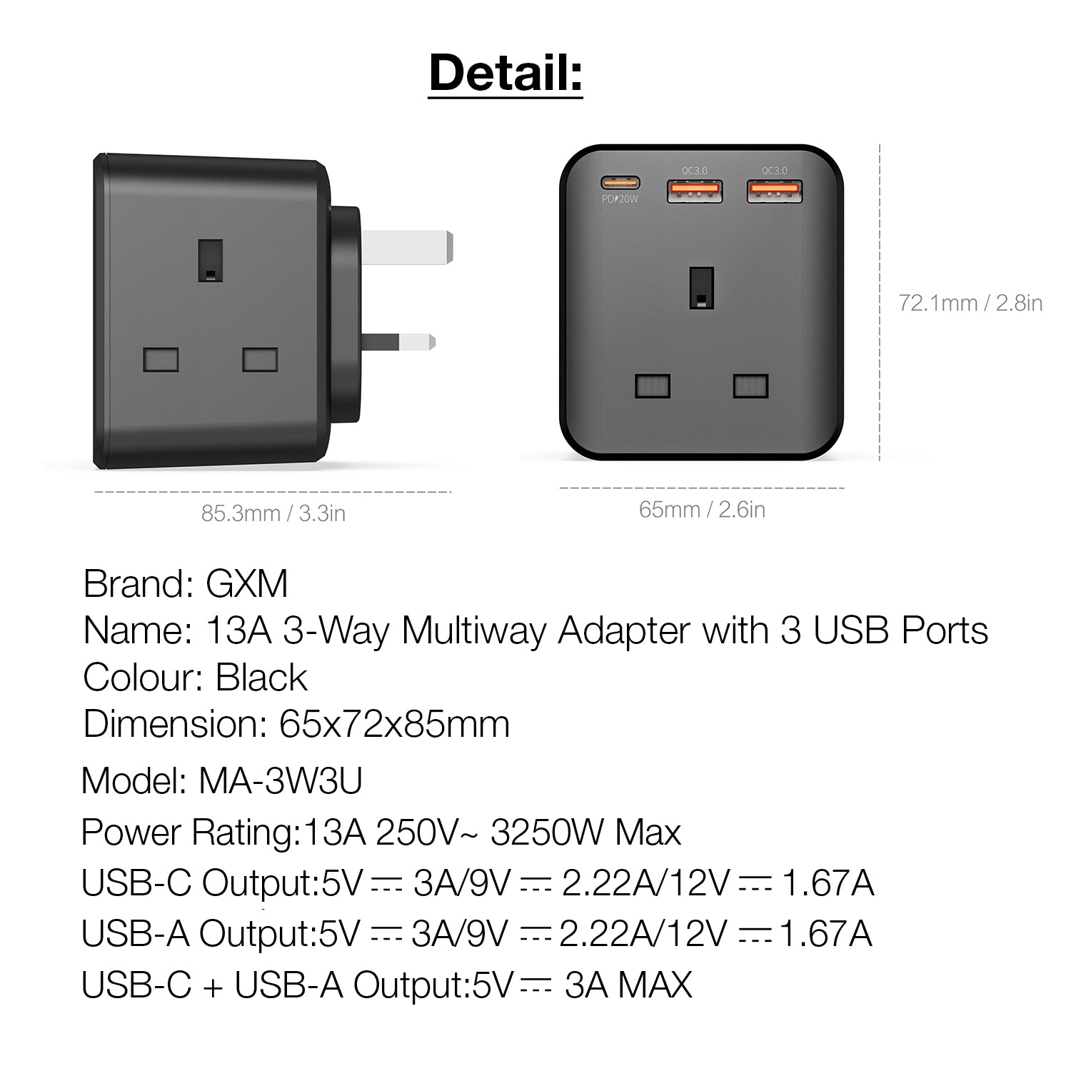 GXM 20W 13A 3-Way Multiway Adapter Wall Charger with 3 USB Ports Type-C USB For iPhone 14 13 12 Pro Max iPad Samsung MA-3W3U Safety Mark