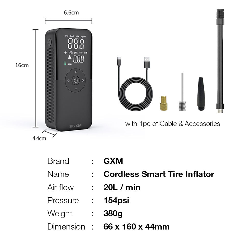 GXM AP-01 Cordless Smart Tire Inflator Auto Stop Tire Pressure Monitoring Fast Inflation LED Lighting SOS Mode Power Bank 4000mAh Capacity Air Pump