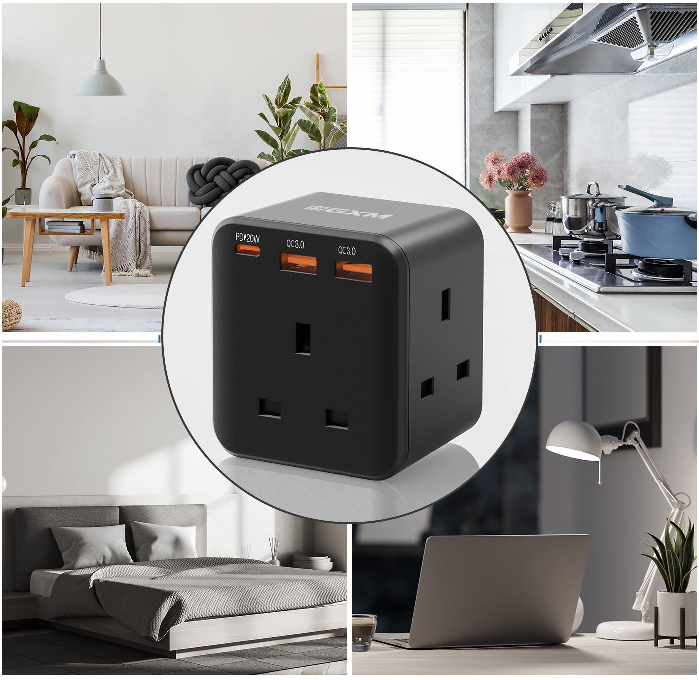 GXM 20W 13A 3-Way Multiway Adapter Wall Charger with 3 USB Ports Type-C USB For iPhone 14 13 12 Pro Max iPad Samsung MA-3W3U Safety Mark