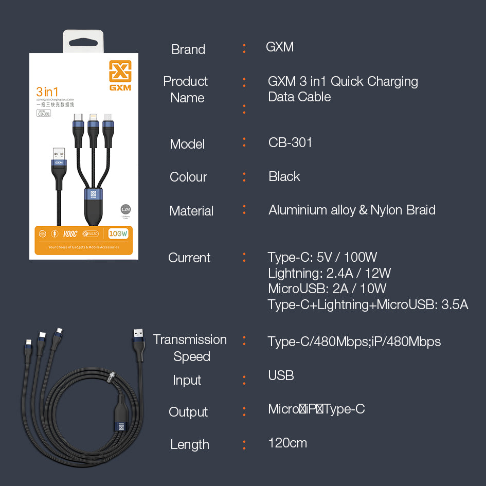 GXM 100W 3 in 1 Quick Charging Data Cable iP Type-C MicroUSB Safety Protection 1.2M Cable Length Triple Simultaneous Charging Cable