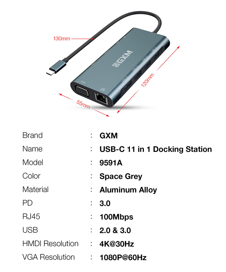 GXM 11 IN 1 USB-C Multi-function dock station HDMI RJ45 LAN PD Charging TF SD Card Slot 4x USB Laptop Mobile Phone Hub 9591A