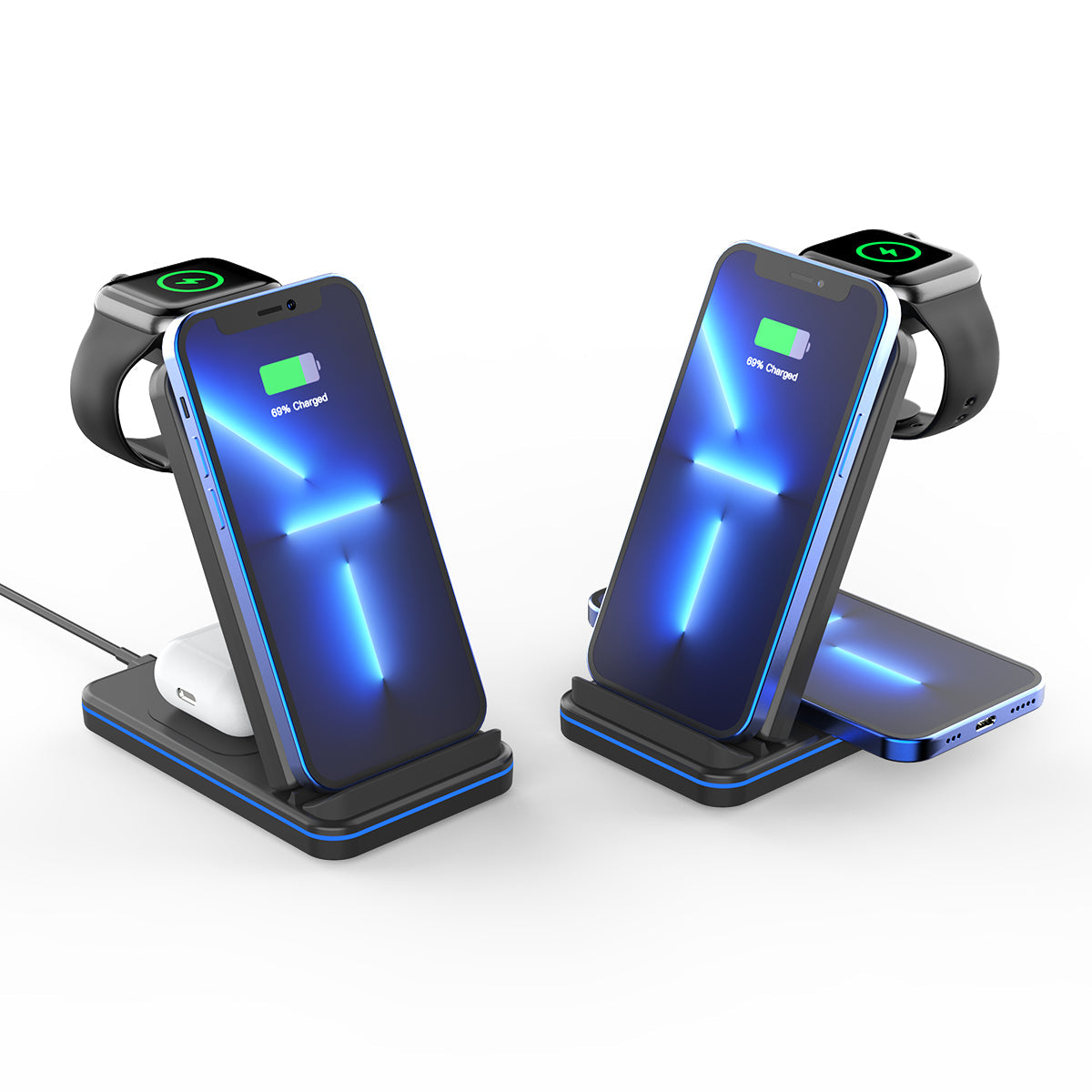 GXM 3in1 15W Wireless Charging Stand For iPhone 14 Pro Max 13 12 Samsung Huawei Xiaomi OPPO VIVO Apple Watch AirPods Charger WC-1502 Foldable Design Fast Wireless Charging Dual Charging Coils Multi-functional Mobile Phone Earbuds Smartwatch