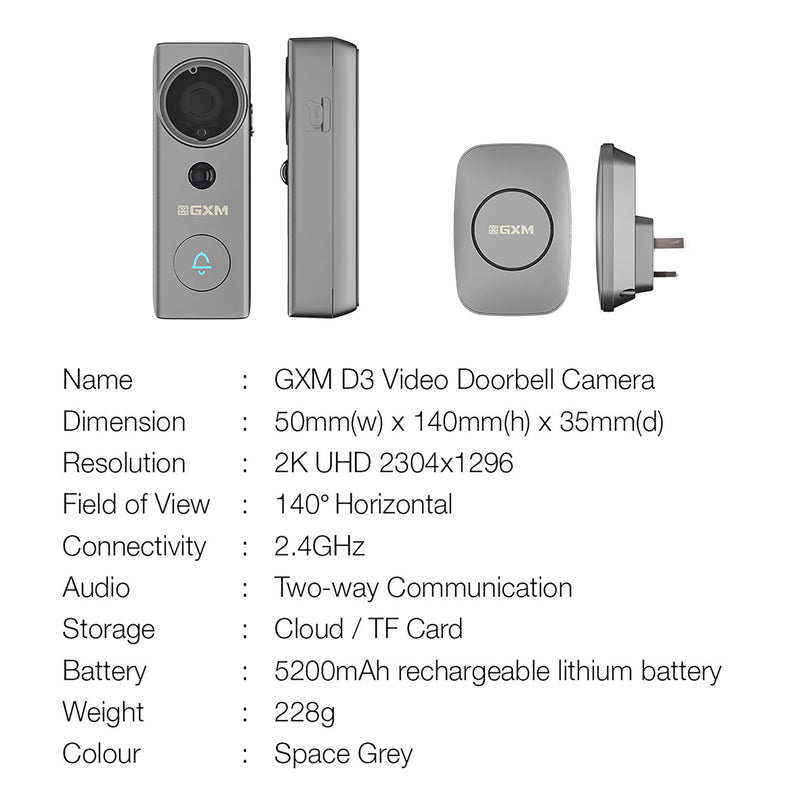 GXM D3 Video Doorbell Camera 2-Way Conversation Cordless and Wired Powered 140° Super Wide Angle 3m Sticker Waterproof 5200mAh Rechargeable Battery