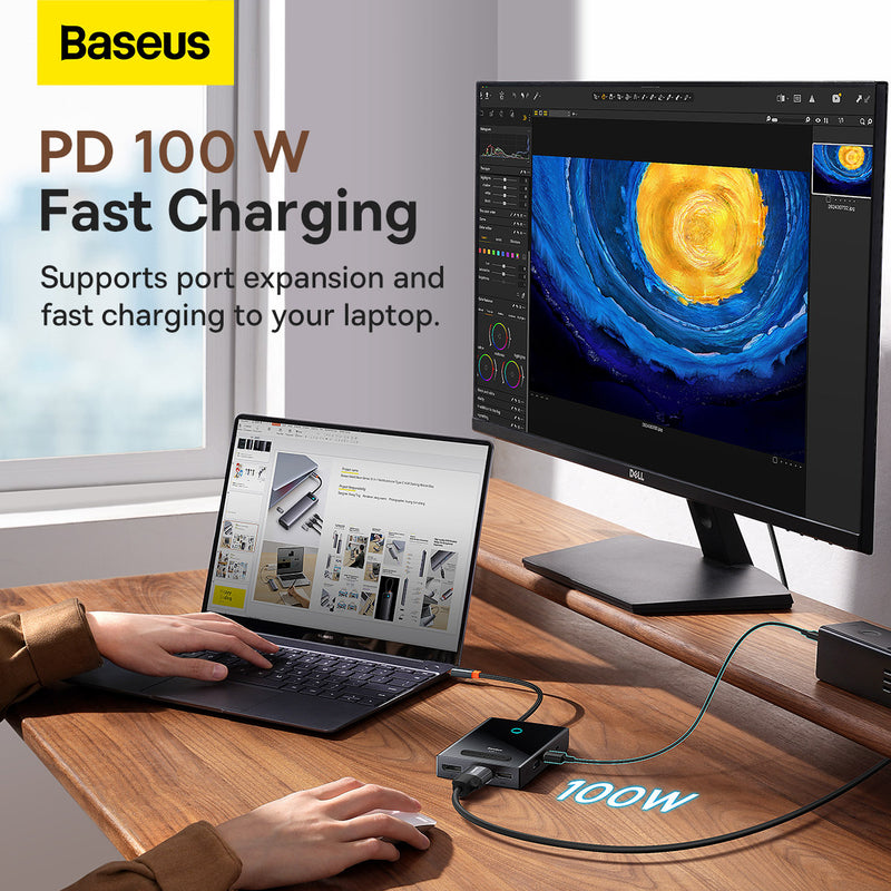 Baseus PioneerJoy 8-Port Four-Screen Type-C Hub Adapter Focus Series HDMI (4K 60Hz) DP (8K 30Hz) VGA (1080p 60Hz) 100W PD USB 3.0