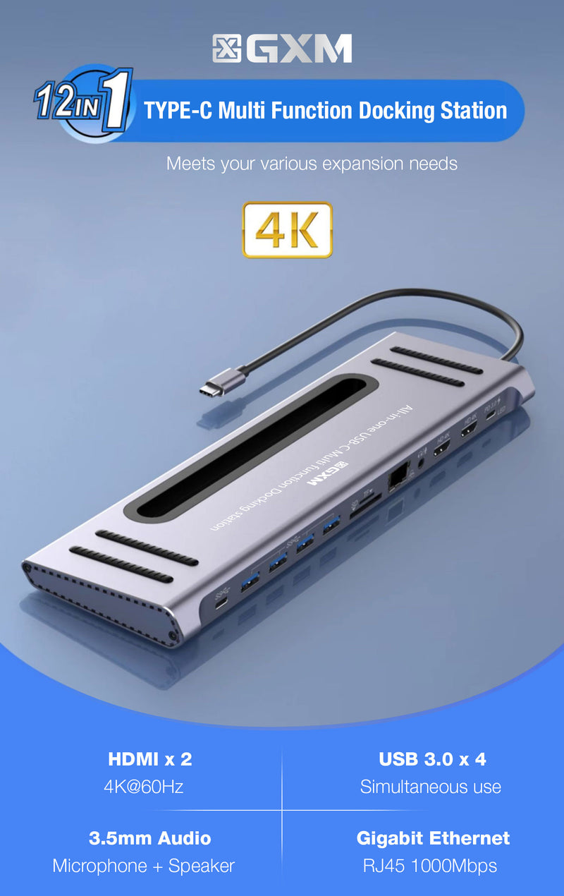 GXM 12 in1 Hub Type-C Multi Function Docking Station 4K Resolution 60Hz USB 3.0 RJ45 1000Mbps Internet USB 3.0 Hub