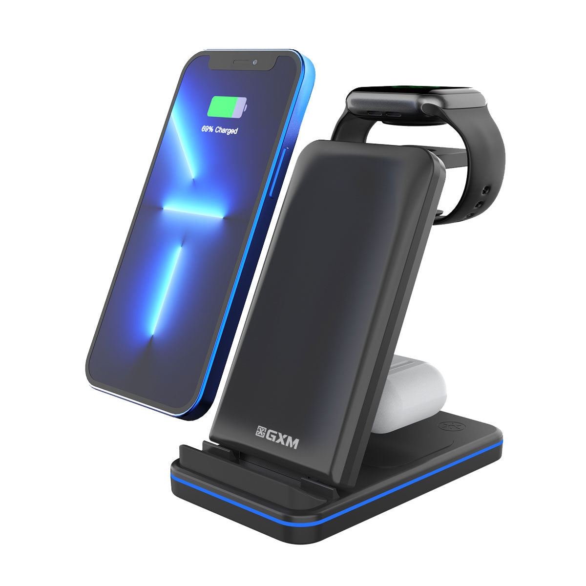 GXM 3in1 15W Wireless Charging Stand For iPhone 14 Pro Max 13 12 Samsung Huawei Xiaomi OPPO VIVO Apple Watch AirPods Charger WC-1502 Foldable Design Fast Wireless Charging Dual Charging Coils Multi-functional Mobile Phone Earbuds Smartwatch