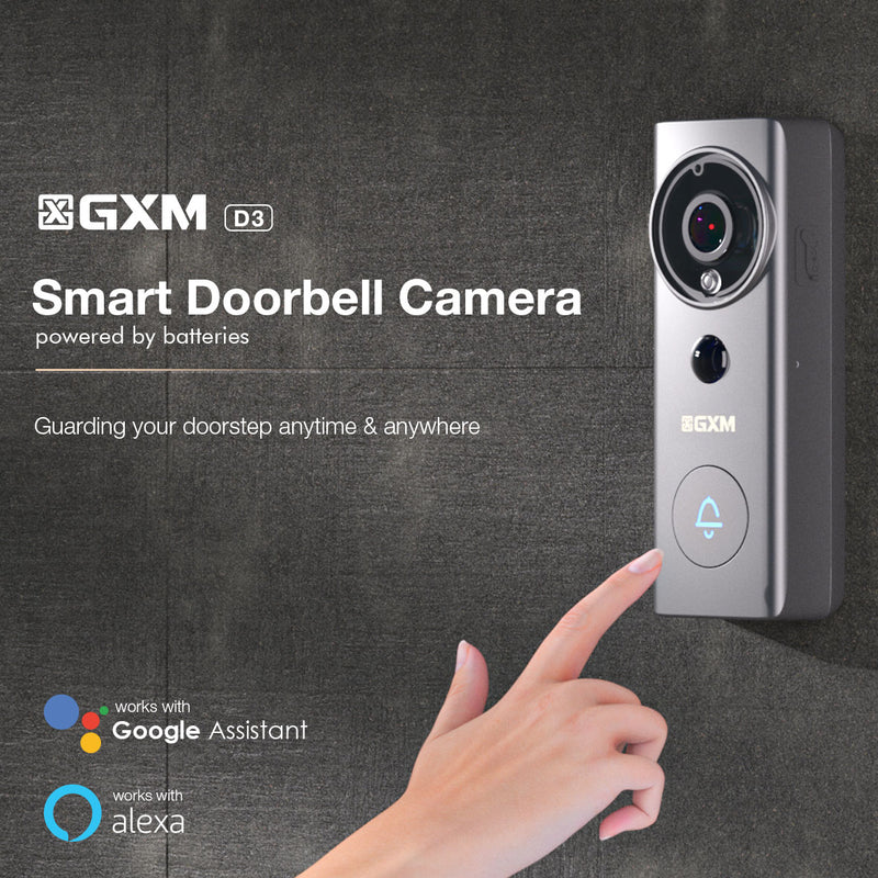 GXM D3 Video Doorbell Camera 2-Way Conversation Cordless and Wired Powered 140° Super Wide Angle 3m Sticker Waterproof 5200mAh Rechargeable Battery