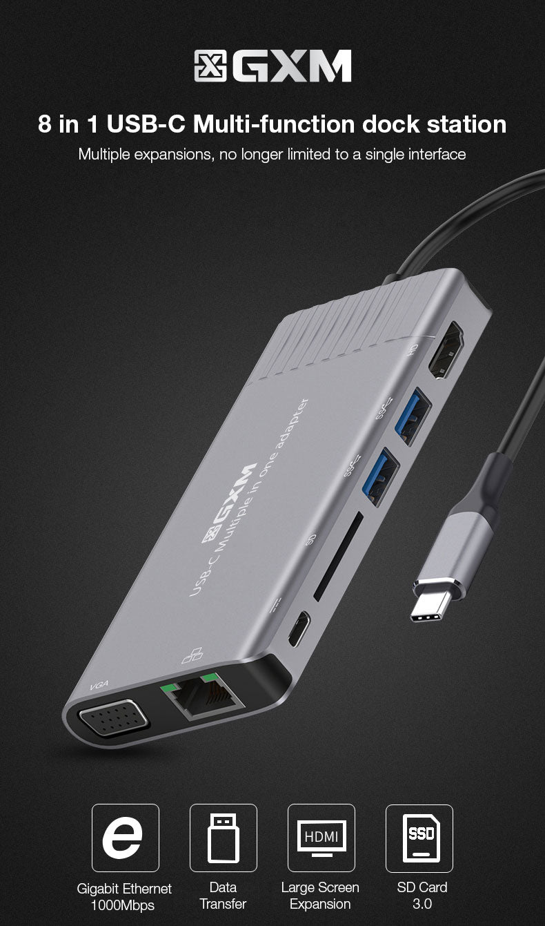 GXM 8 IN 1 USB-C Multiple in one adapter HDMI VGA RJ45 LAN 1000Mbps PD Charging Port SD 3.0 Card Slot 2xUSB Laptop Mobile Phone Hub 95117