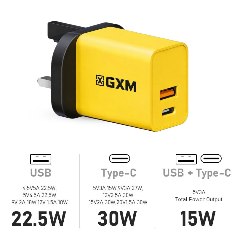 GXM 30W PD Fast Charger AC-3001 – Dual Port USB-C & USB-A with 12-Month SG Warranty