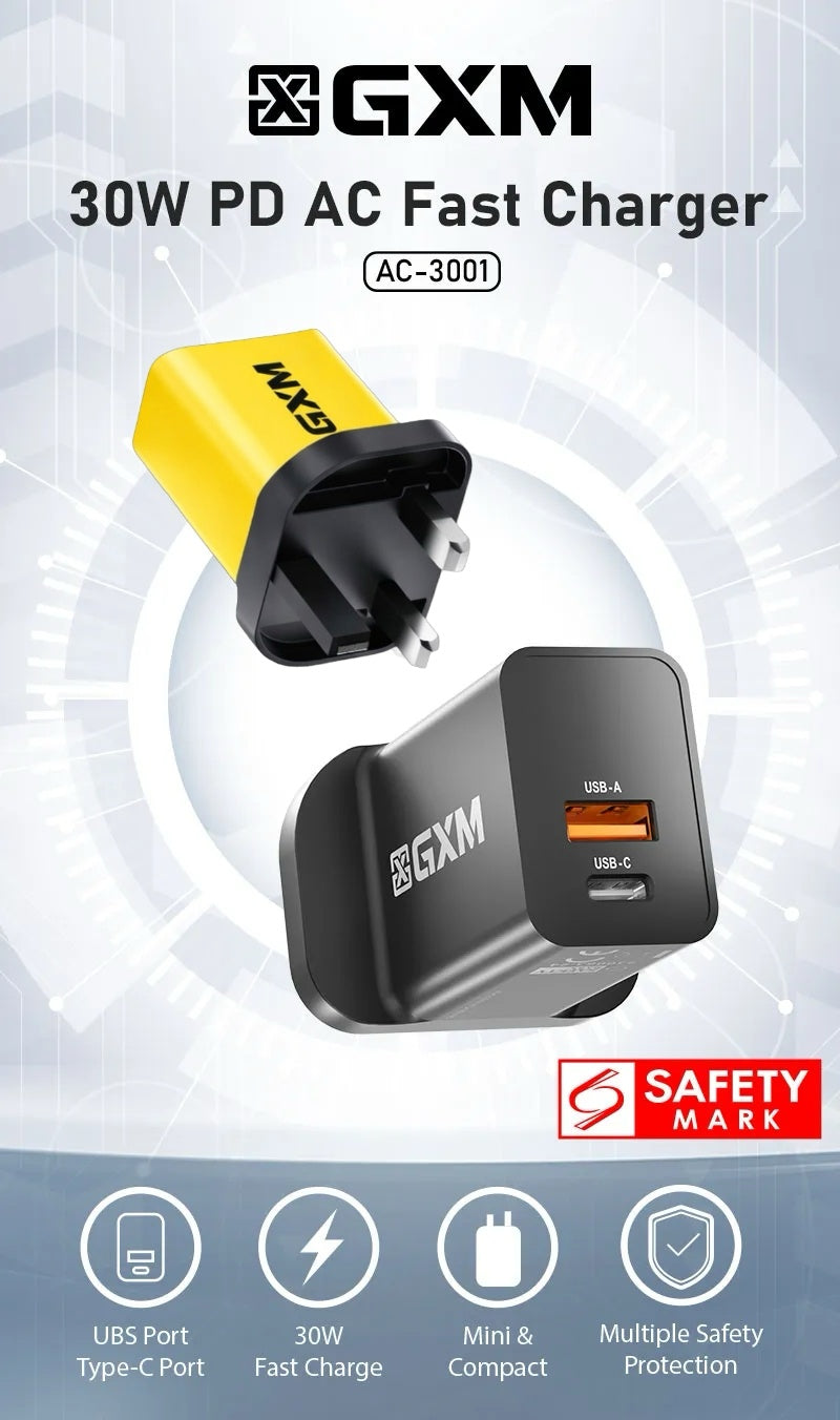 GXM 30W PD Fast Charger AC-3001 – Dual Port USB-C & USB-A with 12-Month SG Warranty