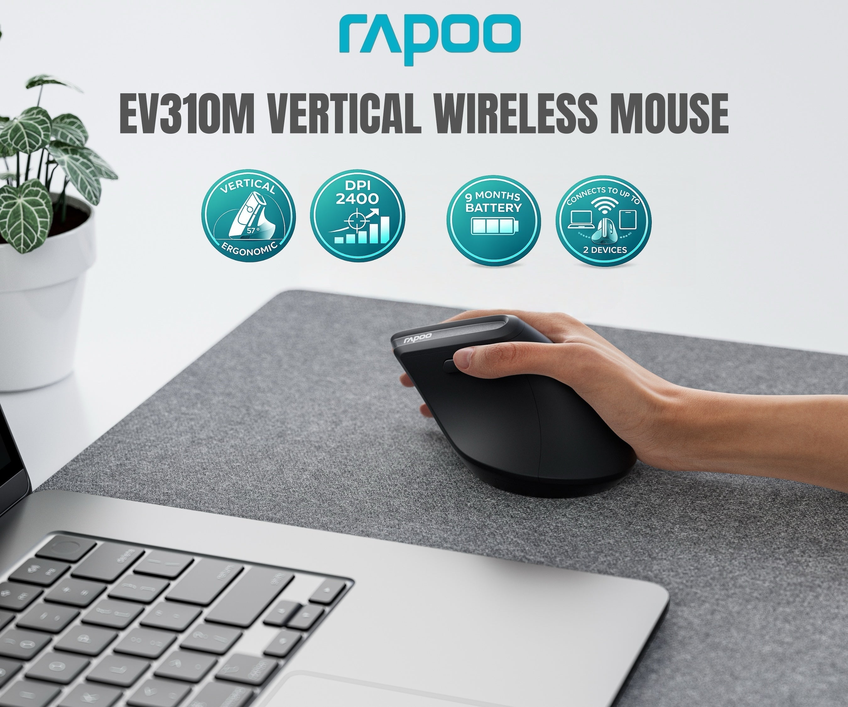 RAPOO EV310M Vertical Ergonomic Wireless Mouse | Bluetooth 3.0/5.0 & 2.4GHz | 2400 DPI | Dual Device | 9 Months Battery