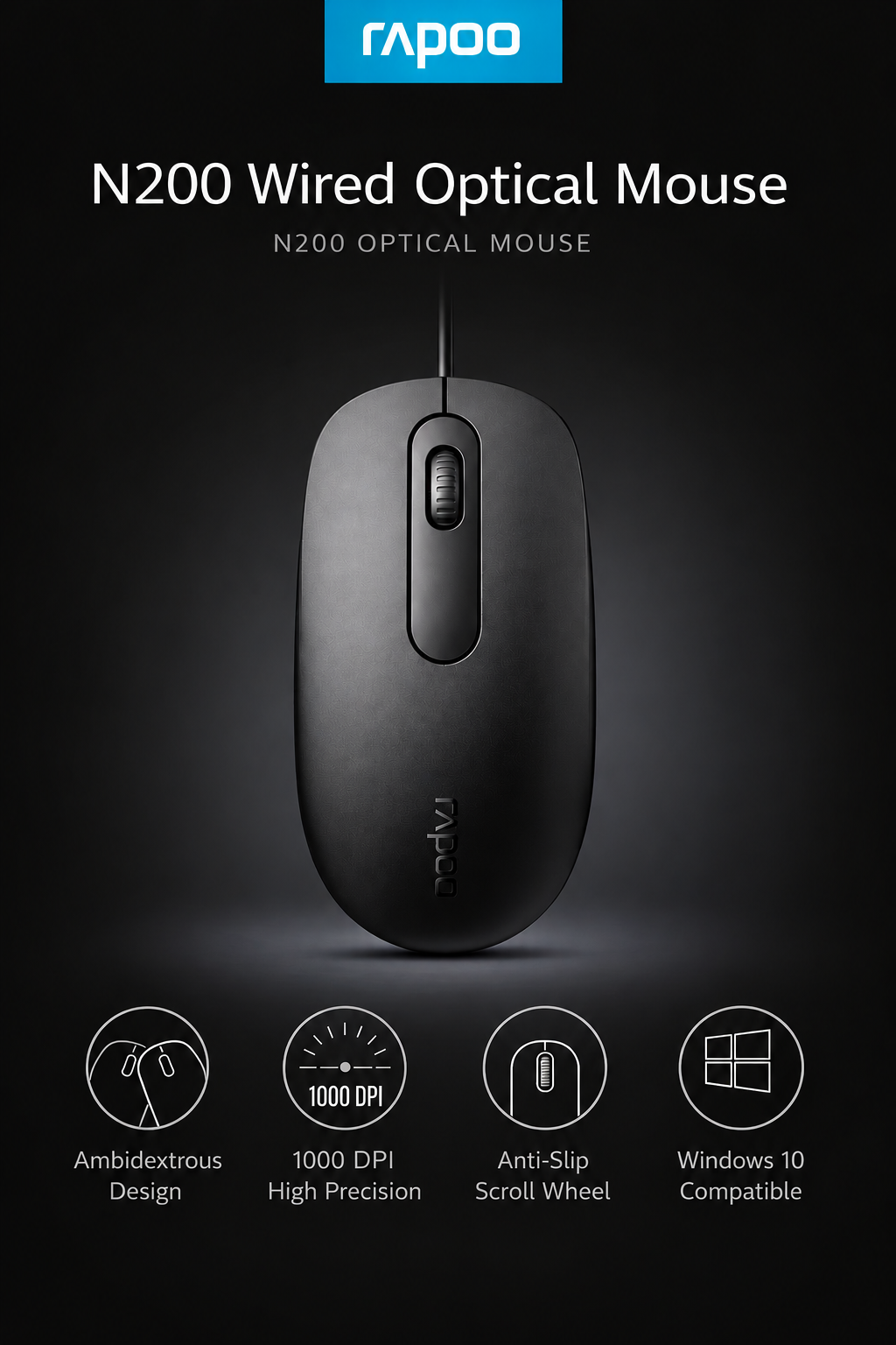 RAPOO N200 Wired Optical Mouse | 1000 DPI High Precision | Ergonomic Ambidextrous Design | USB Plug & Play