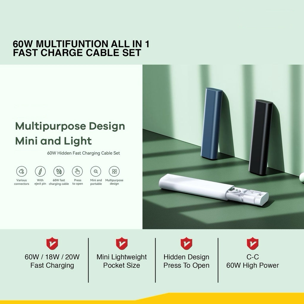 GXM 60W Fast Charging Cable Travel Set, Multi-Function Storage Box with Type-C & Micro USB, Hidden Compact Design