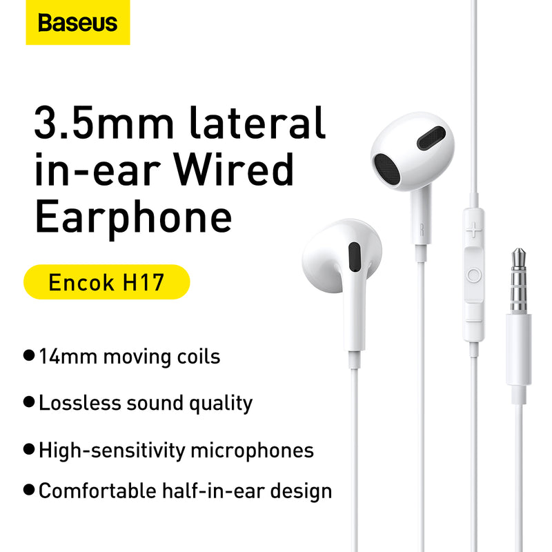 Baseus H17 Encok 3.5mm Lateral In-Ear Wired Earphone for Mobile Phones and Tablet Devices 3.5mm Jack White NGCR020002