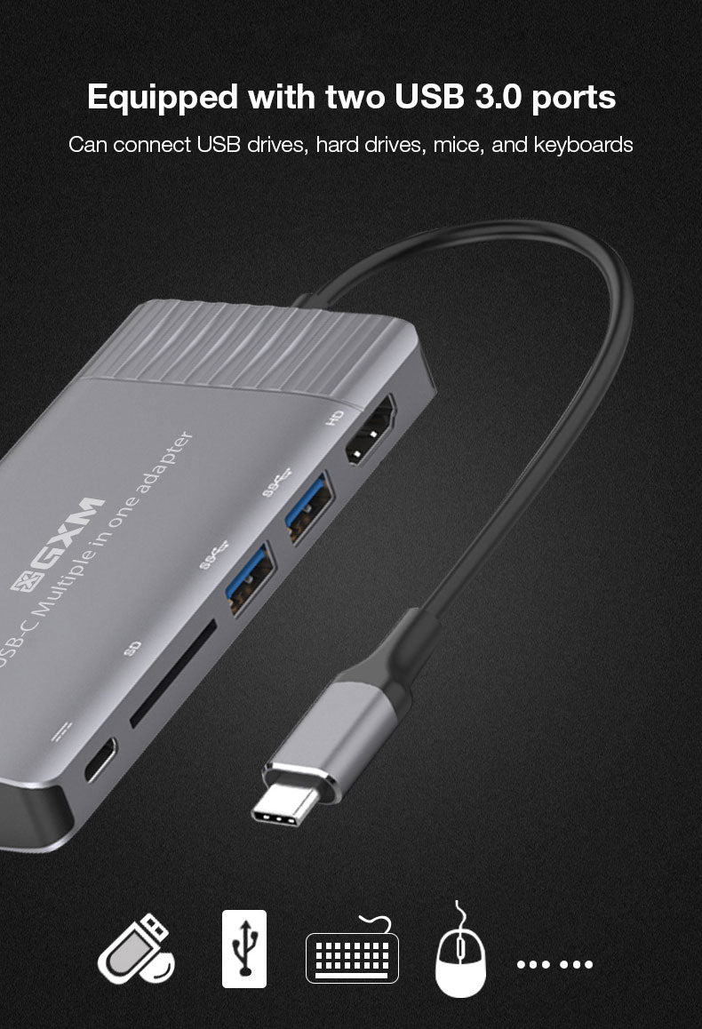 GXM 8 IN 1 USB-C Multiple in one adapter HDMI VGA RJ45 LAN 1000Mbps PD Charging Port SD 3.0 Card Slot 2xUSB Laptop Mobile Phone Hub 95117