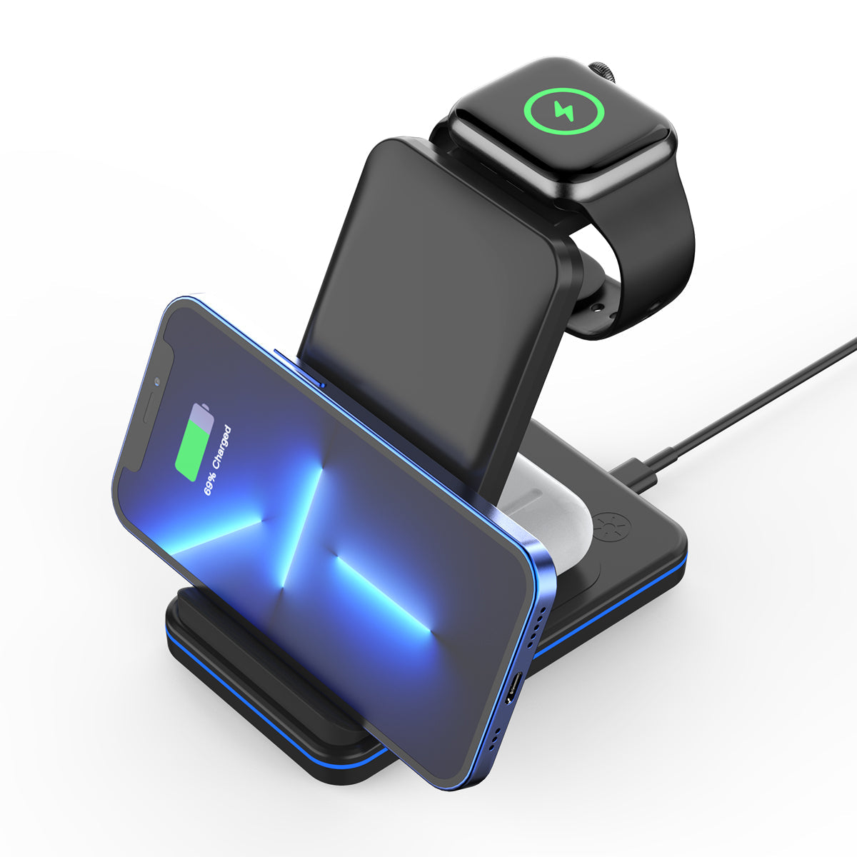 GXM 3in1 15W Wireless Charging Stand For iPhone 14 Pro Max 13 12 Samsung Huawei Xiaomi OPPO VIVO Apple Watch AirPods Charger WC-1502 Foldable Design Fast Wireless Charging Dual Charging Coils Multi-functional Mobile Phone Earbuds Smartwatch