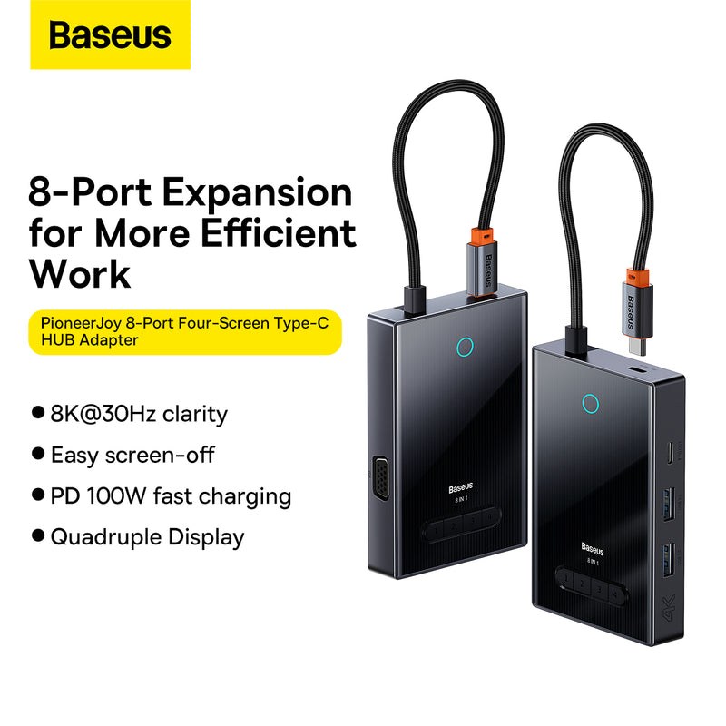 Baseus PioneerJoy 8-Port Four-Screen Type-C Hub Adapter Focus Series HDMI (4K 60Hz) DP (8K 30Hz) VGA (1080p 60Hz) 100W PD USB 3.0