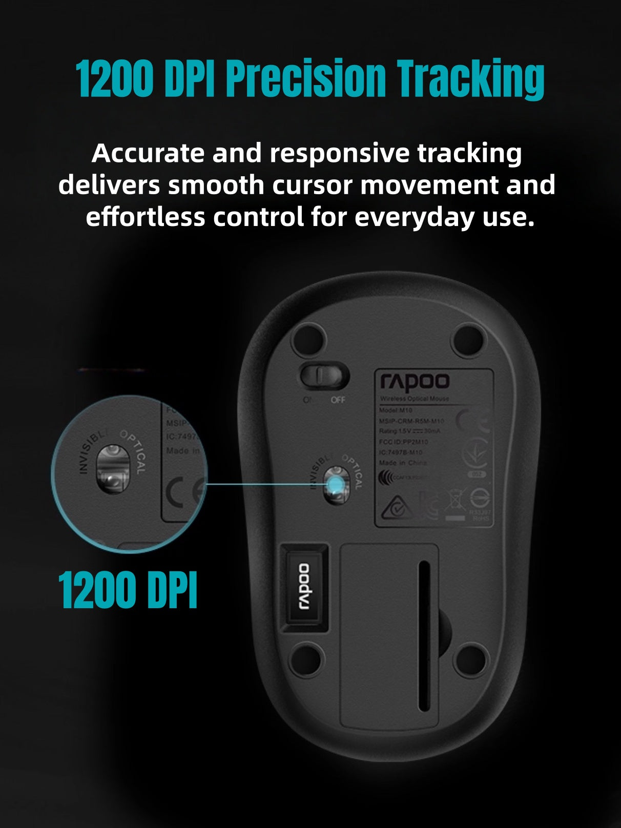 RAPOO M10 Plus 2.4GHz Wireless Optical Mouse | 1200 DPI | Ergonomic Ambidextrous Design | 12-Month Battery Life