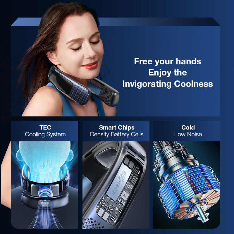 GXM Portable Neck Air-con Cooler Fan Triple-core Powerful Cooling Breeze 3000mAh TEC Technology Instantly Chill 360° Surround Airflow
