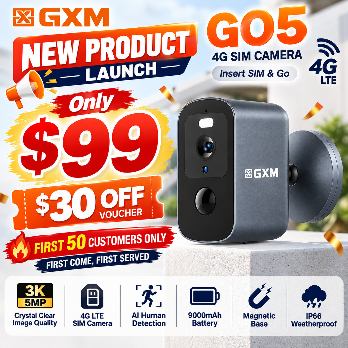 GXM GO5 4G LTE Security Wireless Camera 3K 5MP SIM Card Battery Powered AI Human Detection IP66 Outdoor No WiFi Required