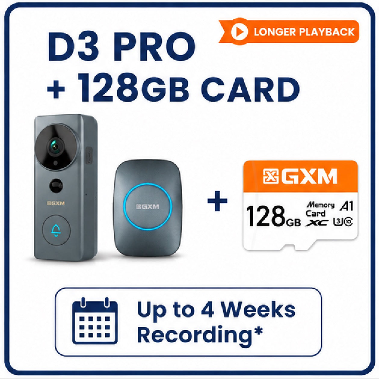 GXM D3 Pro Video Doorbell Camera 2-Way Conversation Cordless and Wired Powered 140° Super Wide Angle 3m Sticker Waterproof 5200mAh Rechargeable Battery