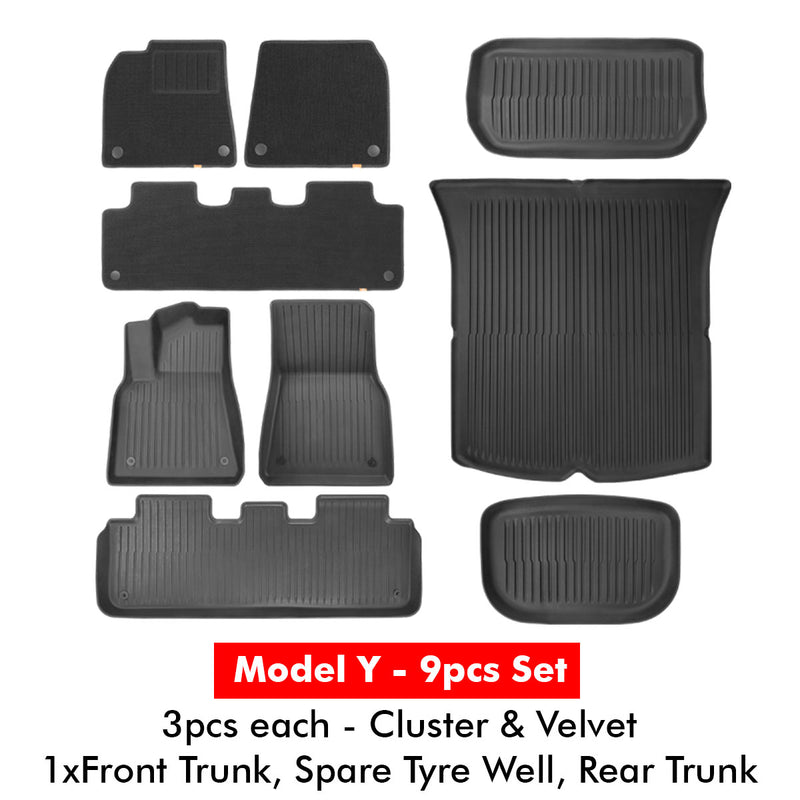 Baseus Tesla T-Space Series 3 6 9 piece Floor Mat for Model 3 and Model Y Cluster and Velvet Cluster Black Car