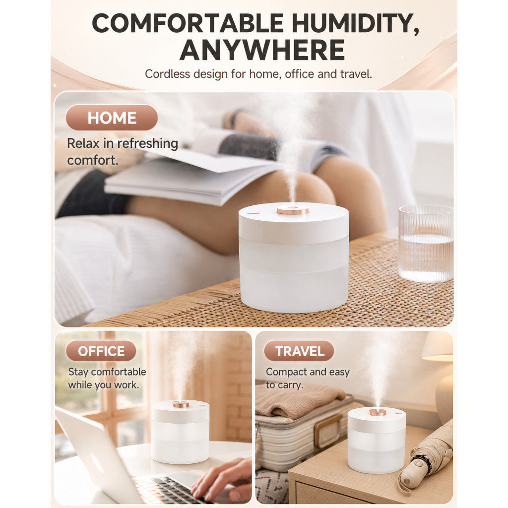 GXM HM-02 Cordless Humidifier 780ml | Rechargeable Cool Mist Humidifier with Ambient Light
