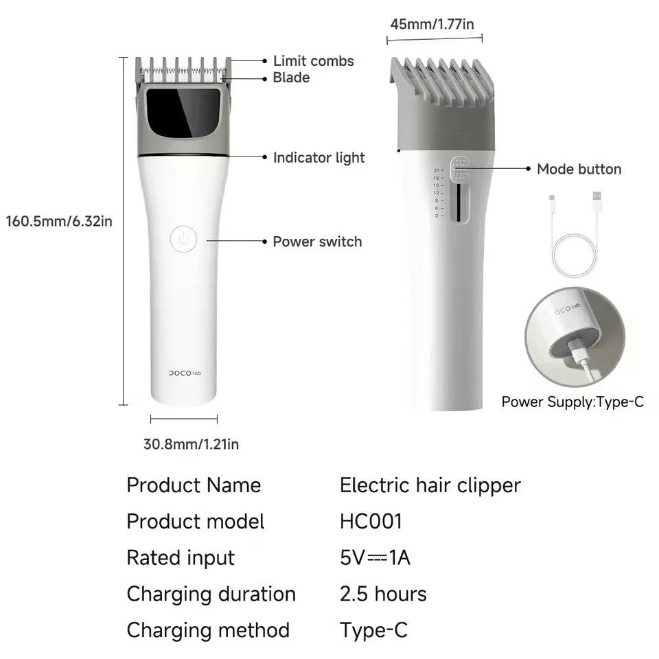 DOCO Electric Hair Clipper Trimmer with Controllable Haircut Length Type-C Rechargeable Hair Cut