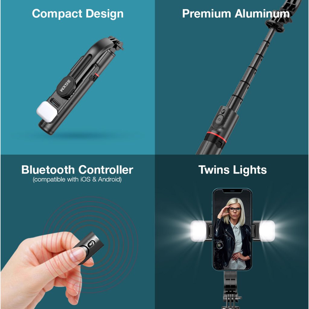 GXM Selfie Stick LED Light Phone Holder Bluetooth Tripod Twins Lights Premium Aluminum Travel SS02