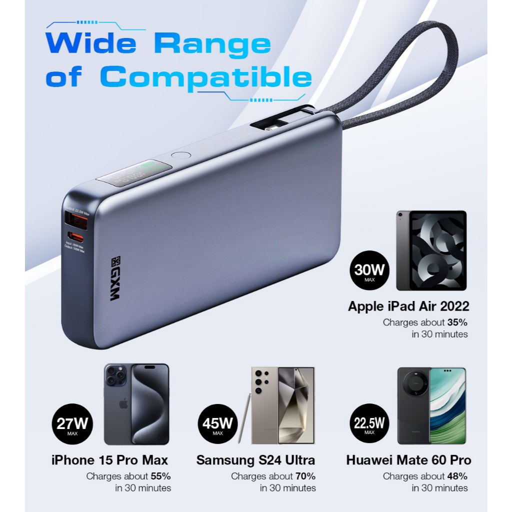 GXM 130W Power Bank with Built-in Type-C Cable Laptop Phone Tablet Charging Bring on Flight Travelling