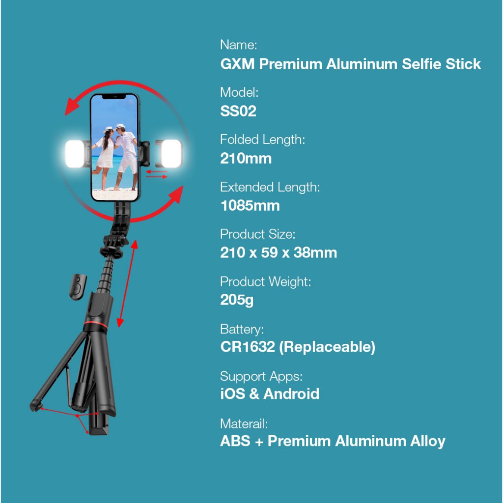 GXM Selfie Stick LED Light Phone Holder Bluetooth Tripod Twins Lights Premium Aluminum Travel SS02