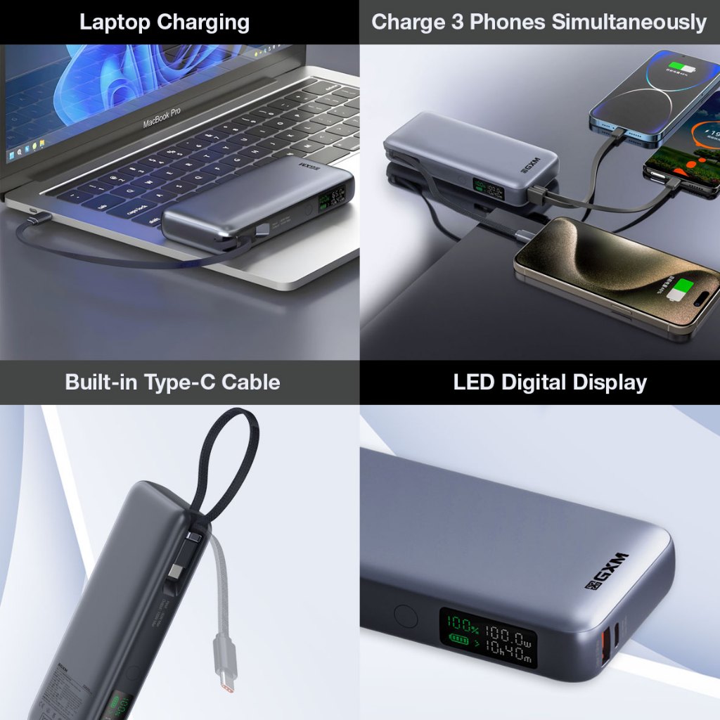 GXM 130W Power Bank with Built-in Type-C Cable Laptop Phone Tablet Charging Bring on Flight Travelling