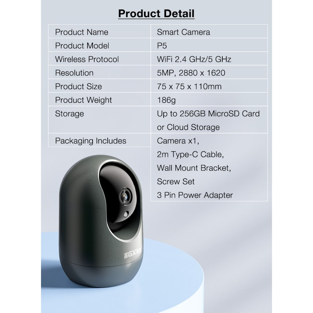 GXM P5 3K Smart Camera CCTV 5 MP Ultra Clear 5G 2.4G 24/7 Recording Rotation Apps Control Motion Detection Tracking