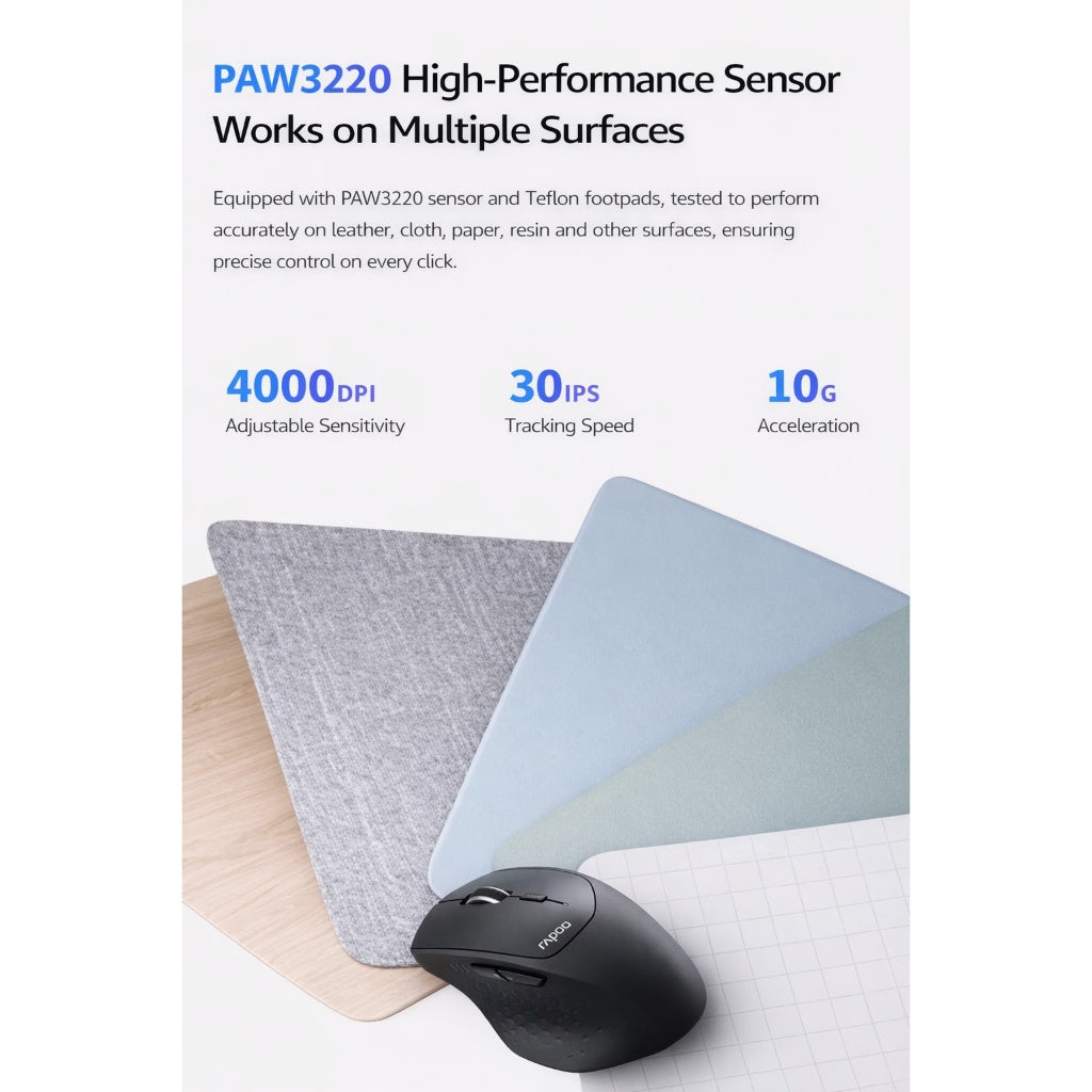 Rapoo MT550L Wireless Mouse | PAW3220 Sensor | Bluetooth 5.0 / 2.4G / Wired | 4000 DPI | USB-C Rechargeable | Multi-Devi