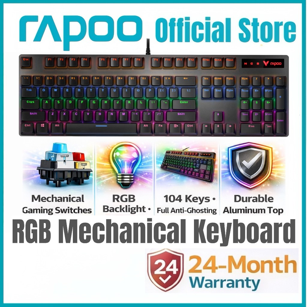 RAPOO V500 PRO Wired Mechanical Gaming Keyboard | RGB Backlit | 104 Keys | Anti-Ghosting | Aluminum Top 2 Years Warranty