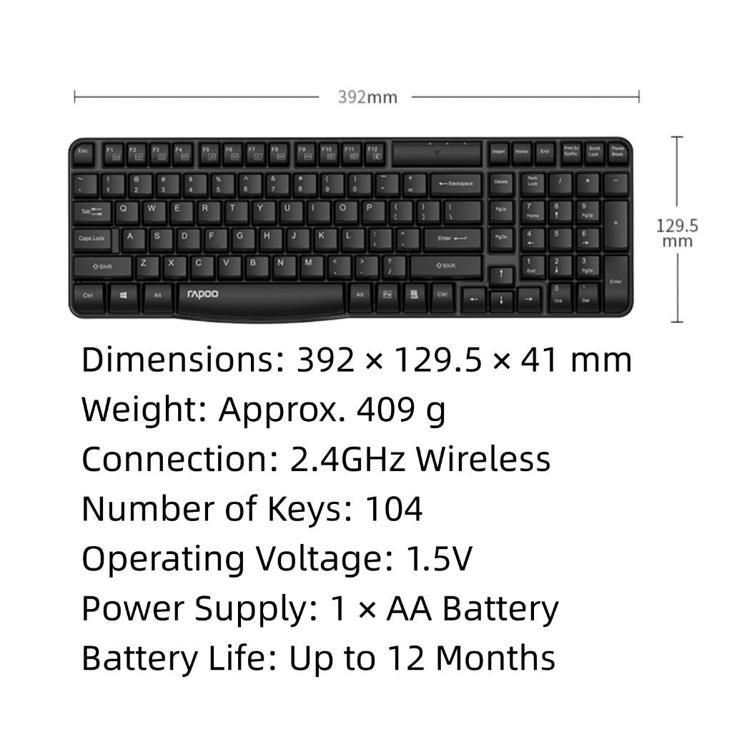 RAPOO E1050 Wireless Keyboard 2.4G | 104 Keys | Spill-Resistant | 12 Months Battery | 2-Year SG Warranty
