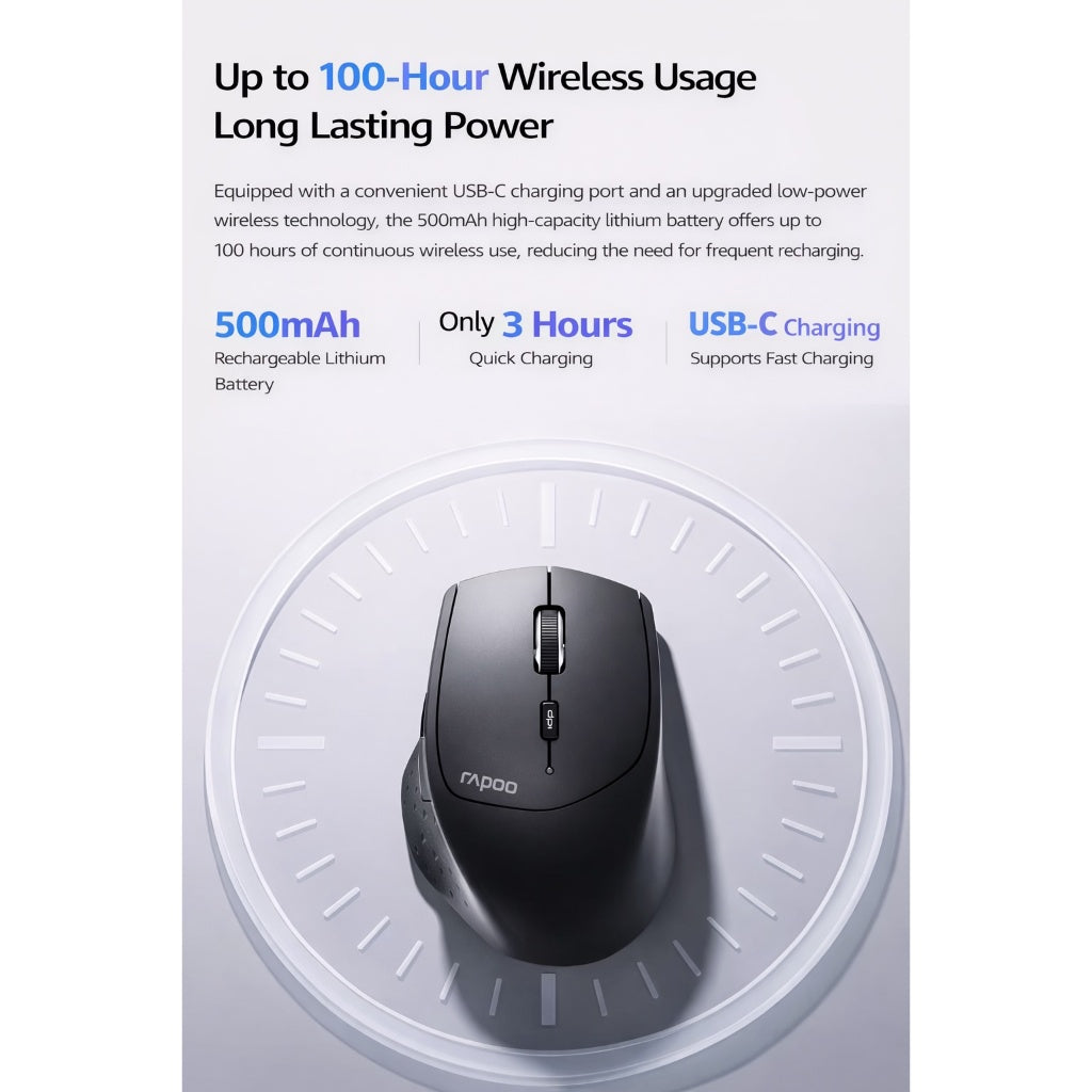 Rapoo MT550L Wireless Mouse | PAW3220 Sensor | Bluetooth 5.0 / 2.4G / Wired | 4000 DPI | USB-C Rechargeable | Multi-Devi