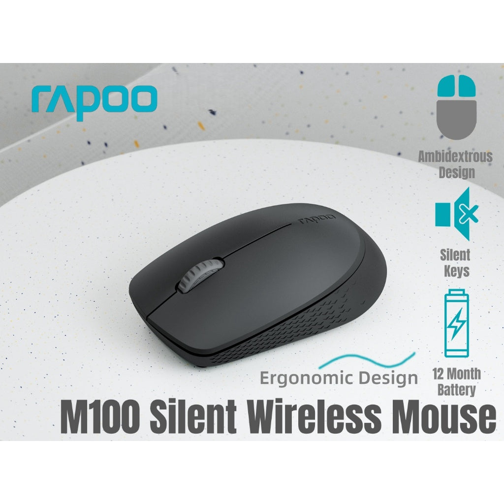 RAPOO M100 Silent Wireless Mouse | Silent Click | Ergonomic & Ambidextrous | Tri-Mode BT 2400 DPI