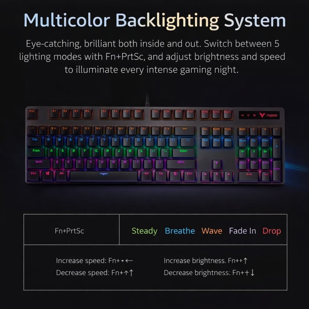 RAPOO V500 PRO Wired Mechanical Gaming Keyboard | RGB Backlit | 104 Keys | Anti-Ghosting | Aluminum Top 2 Years Warranty