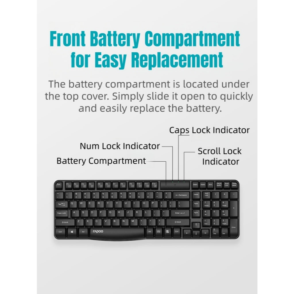 RAPOO E1050 Wireless Keyboard 2.4G | 104 Keys | Spill-Resistant | 12 Months Battery | 2-Year SG Warranty