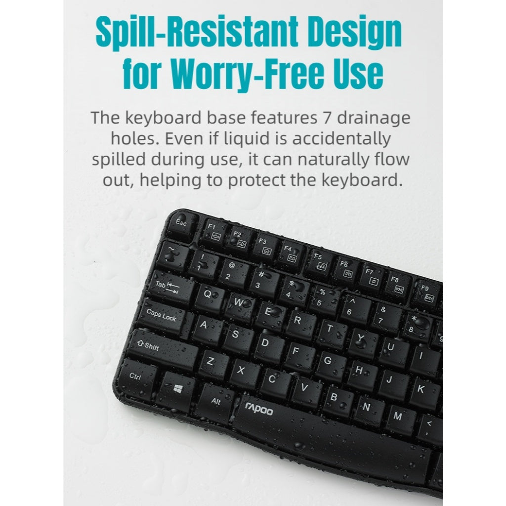 RAPOO E1050 Wireless Keyboard 2.4G | 104 Keys | Spill-Resistant | 12 Months Battery | 2-Year SG Warranty