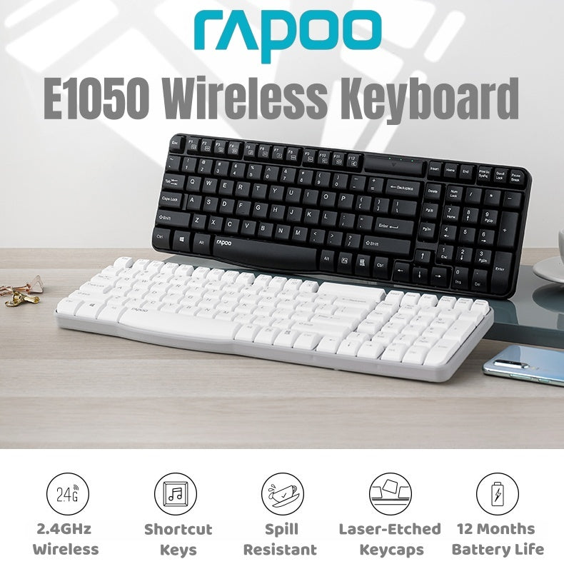 RAPOO E1050 Wireless Keyboard 2.4G | 104 Keys | Spill-Resistant | 12 Months Battery | 2-Year SG Warranty