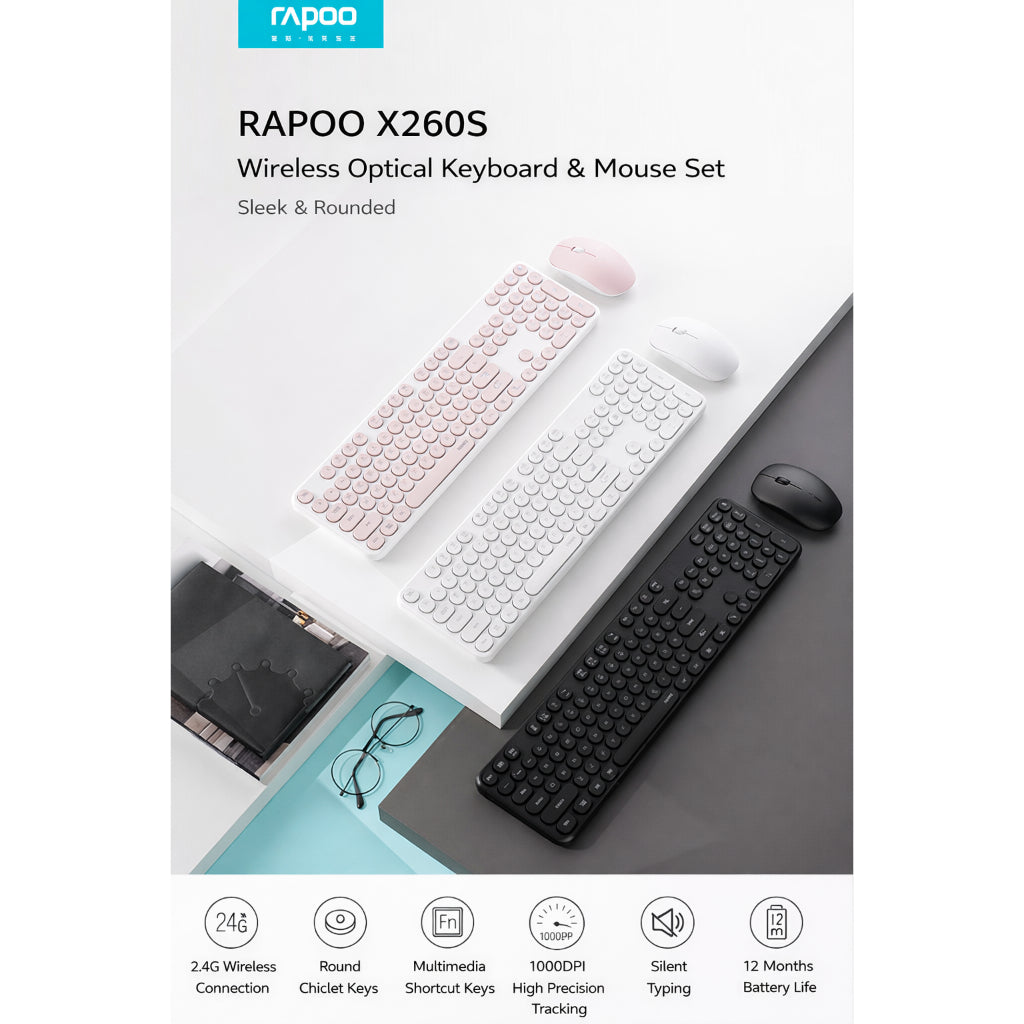 RAPOO X260S 2.4G Wireless Keyboard Mouse Set | Silent Typing | 1000DPI Optical Mouse | 24-Month Warranty