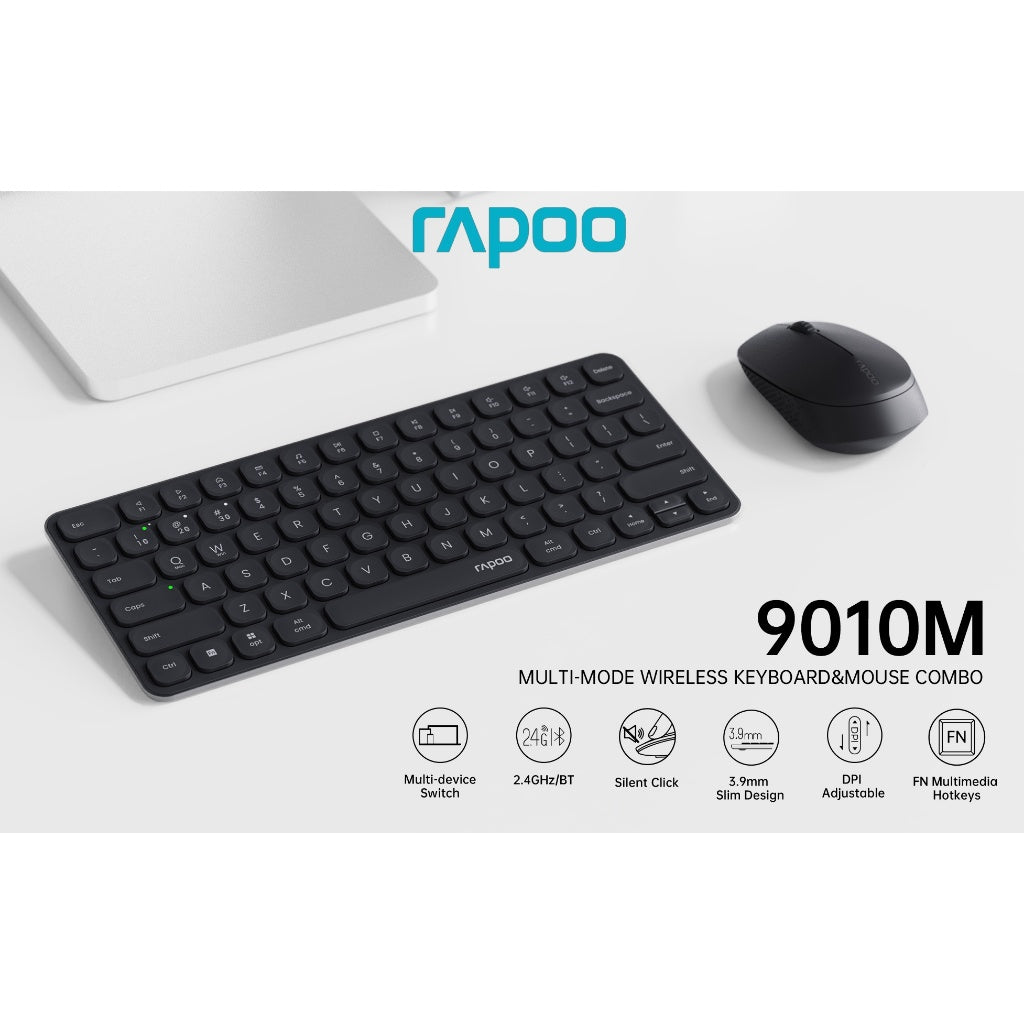 RAPOO 9010M Wireless Keyboard Mouse Combo | Ultra-Slim 78 Keys | Bluetooth + 2.4G | Silent | 24M SG Warranty