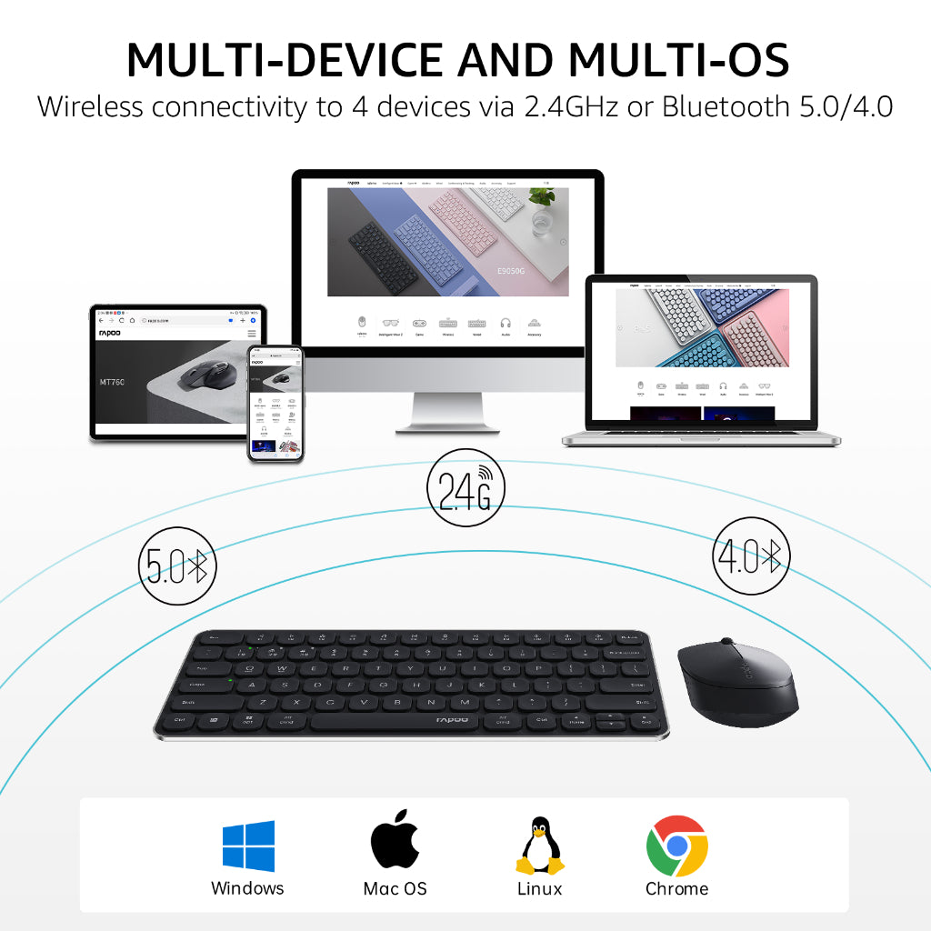 RAPOO 9010M Wireless Keyboard Mouse Combo | Ultra-Slim 78 Keys | Bluetooth + 2.4G | Silent | 24M SG Warranty