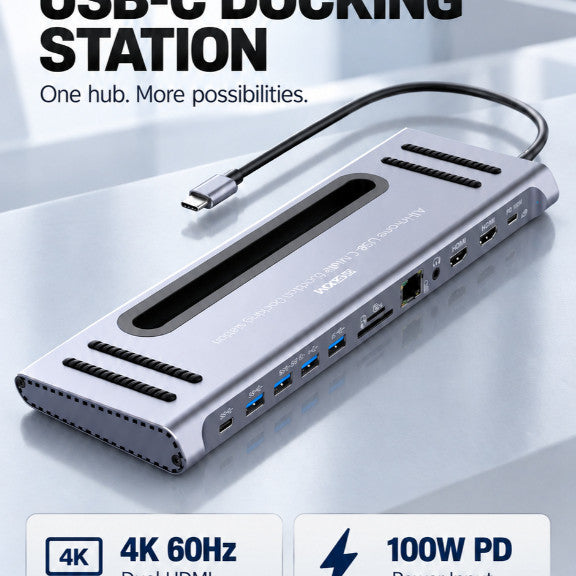 GXM 12-in-1 USB-C Hub Docking Station Dual HDMI 4K 60Hz 100W PD Gigabit Ethernet USB 3.0 SD/TF Card Reader Audio 3.5mm