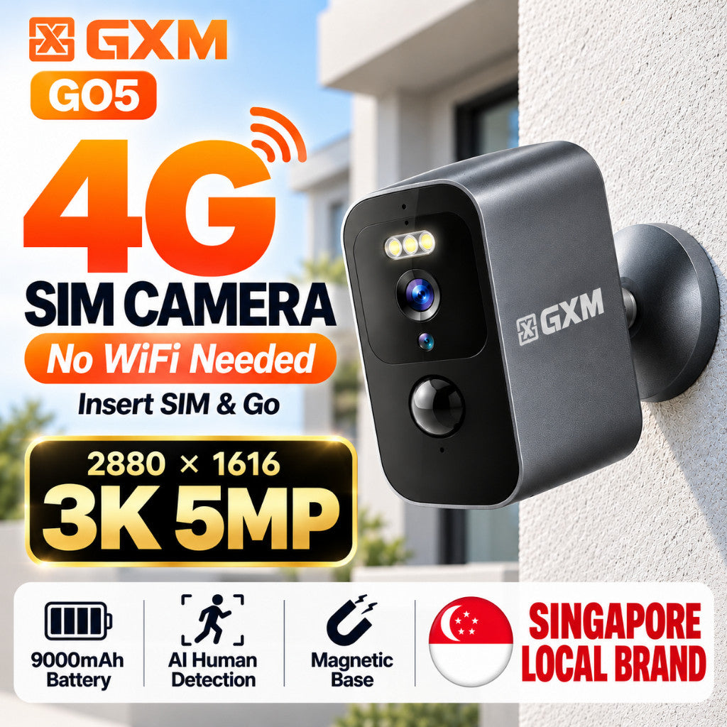 GXM GO5 4G LTE Security Wireless Camera 3K 5MP SIM Card Battery Powered AI Human Detection IP66 Outdoor No WiFi Required