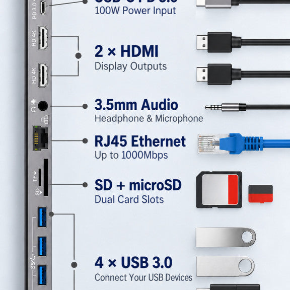 GXM 12-in-1 USB-C Hub Docking Station Dual HDMI 4K 60Hz 100W PD Gigabit Ethernet USB 3.0 SD/TF Card Reader Audio 3.5mm